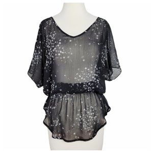 Express Black Floral Blouse Semi Sheer Dolman Batwing Sleeve Elastic Waist Top